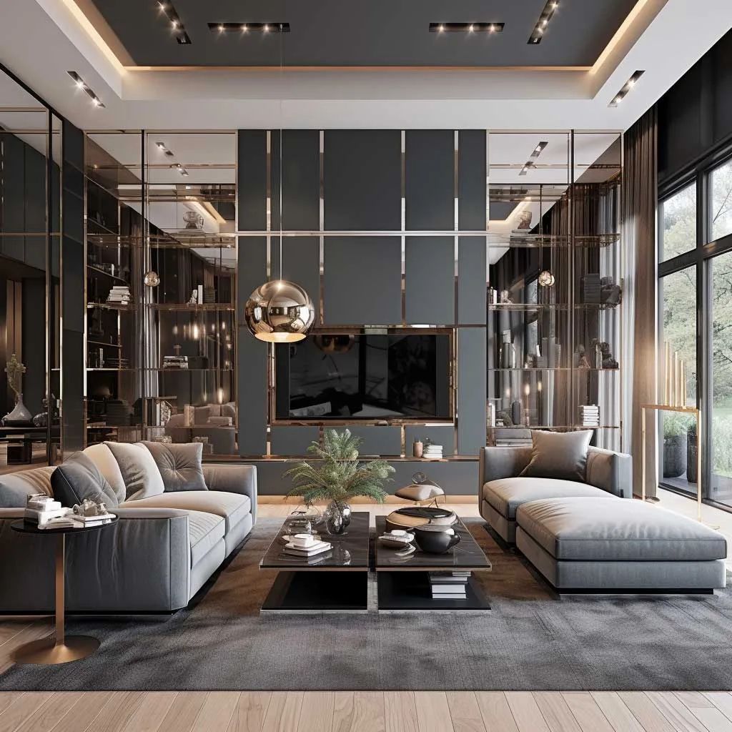 Nội thất biệt thự xám khói sang trọng cho phòng khách hiện đại