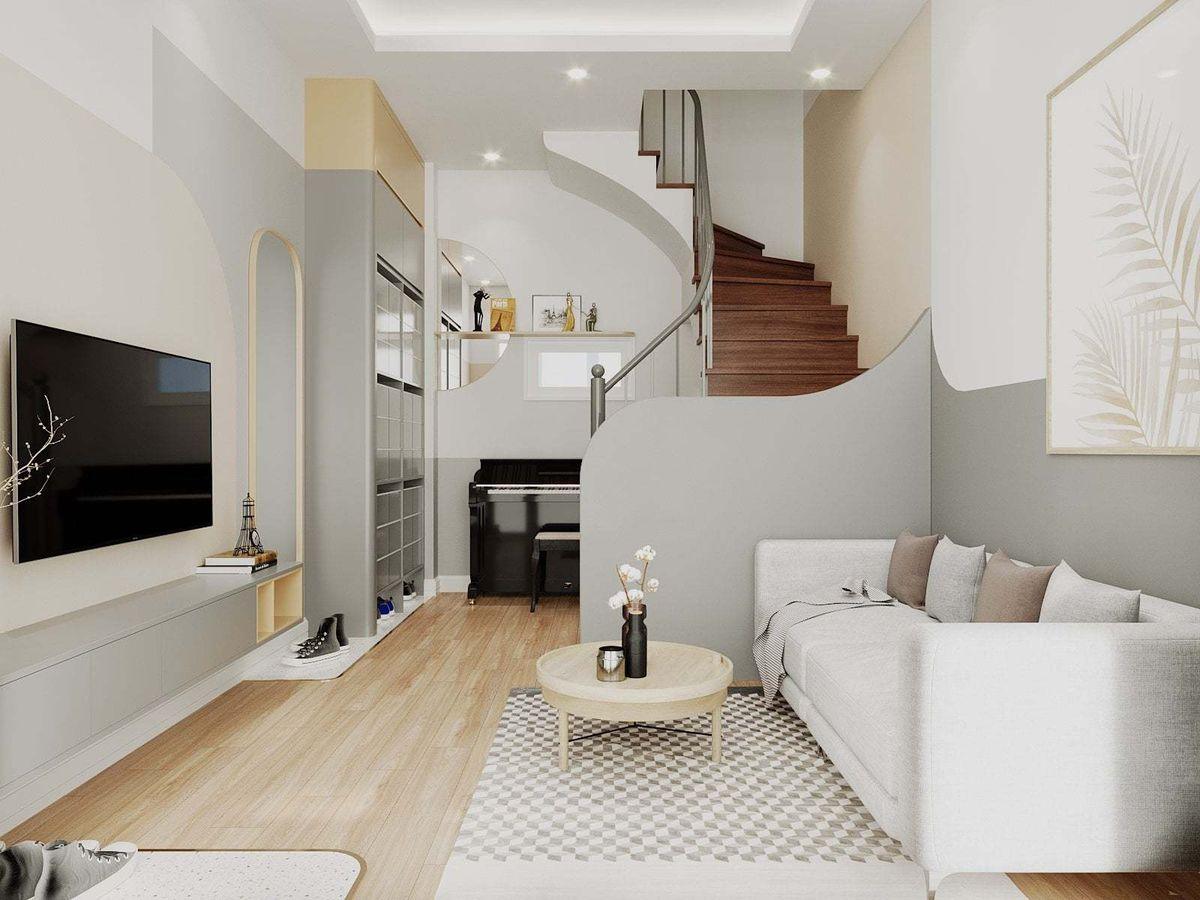 Phòng khách hiện đại tối giản kết hợp lối đi cầu thang và không gian đa năng