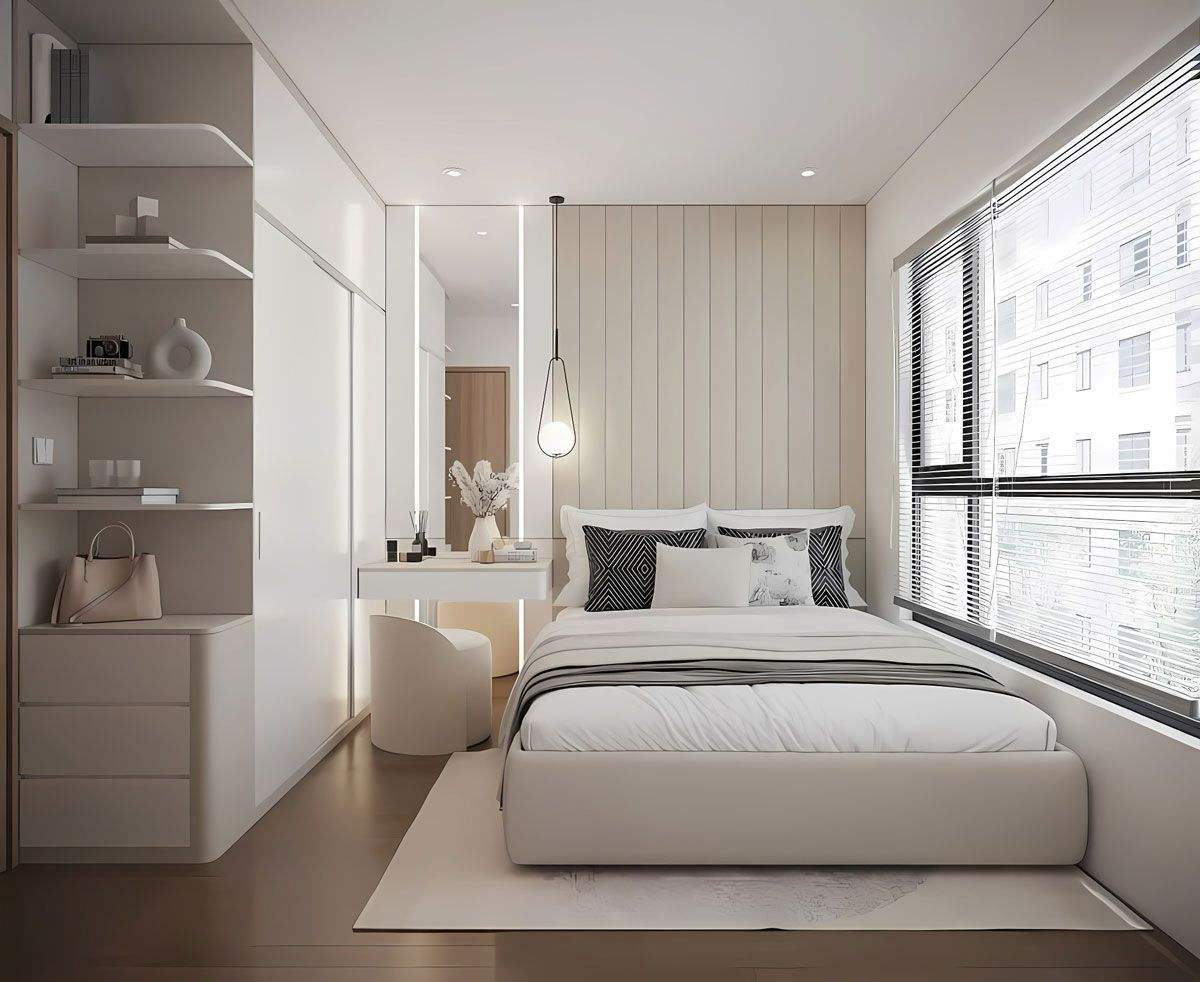 Bố Trí Nội Thất Nhà Ở Hợp Lý – Bí Quyết Từ Kiến Trúc Sư Phòng ngủ nhỏ tối giản với ánh sáng tự nhiên và nội thất trắng hiện đại