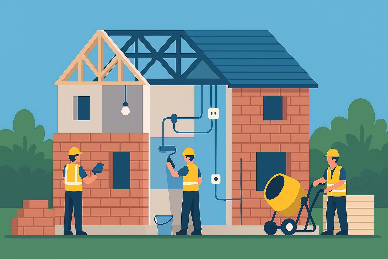 Giai đoạn xây tường và thi công hệ thống điện nước nhà ở