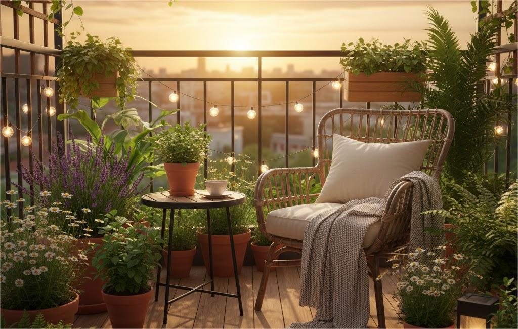 Góc thư giãn ban công với cây xanh và ánh hoàng hôn dịu nhẹ