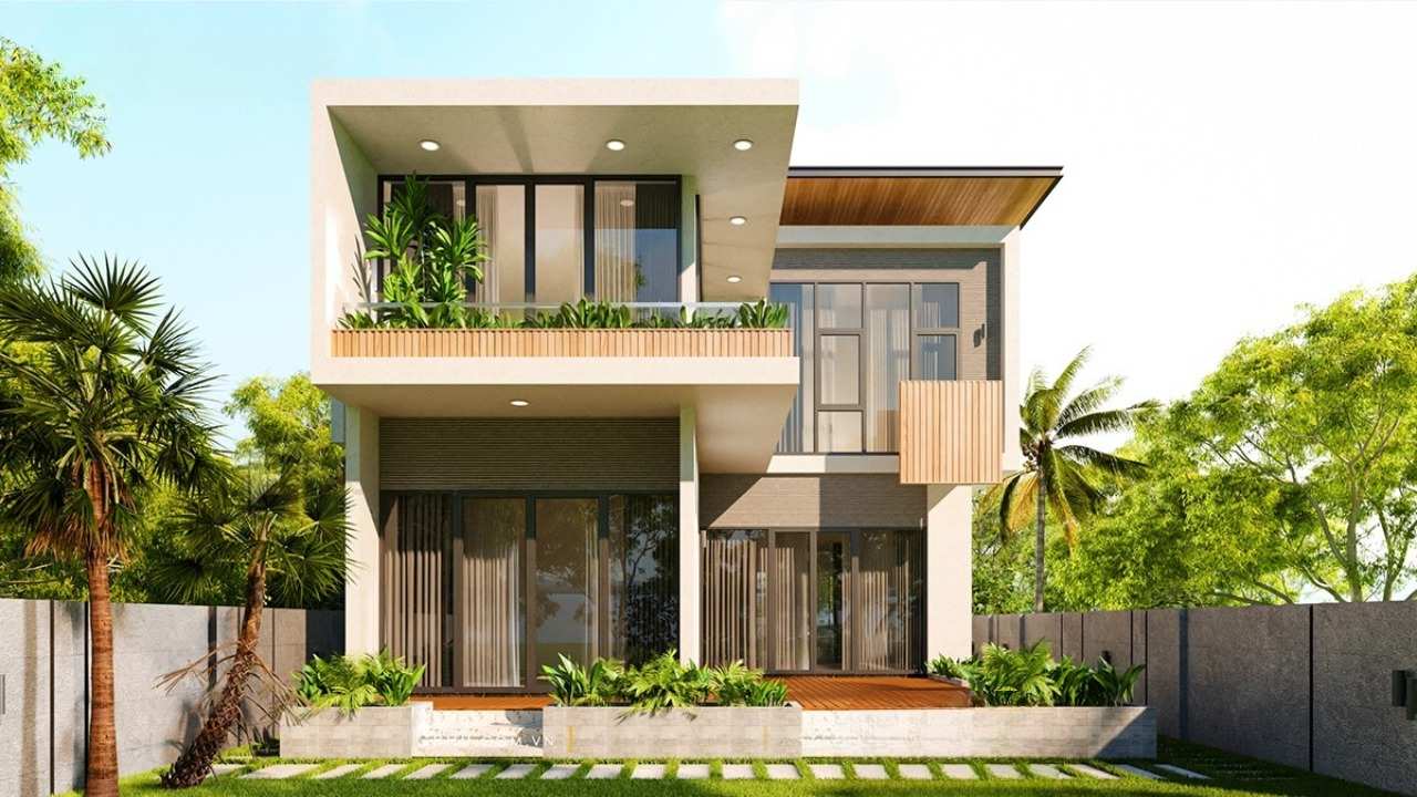 Mẫu thiết kế nhà 2 tầng hiện đại với ban công cây xanh và cửa kính lớn
