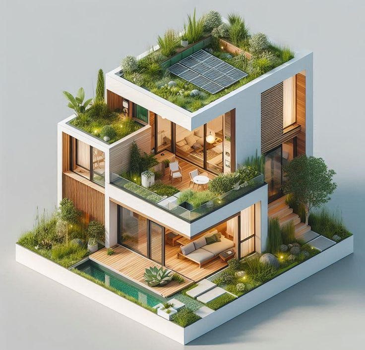 Mô hình nhà hiện đại 3 tầng phủ xanh mái và ban công đầy cây cỏ tự nhiên