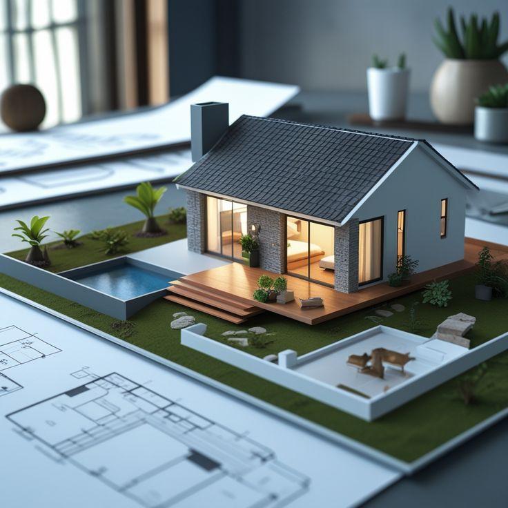 Câu Chuyện Xây Nhà Lần Đầu: Bài Học Đắt Giá Đổi Lấy Bằng Niềm Tin Mô hình nhà cấp 4 hiện đại với sân vườn nhỏ và hồ bơi trên bàn thiết kế