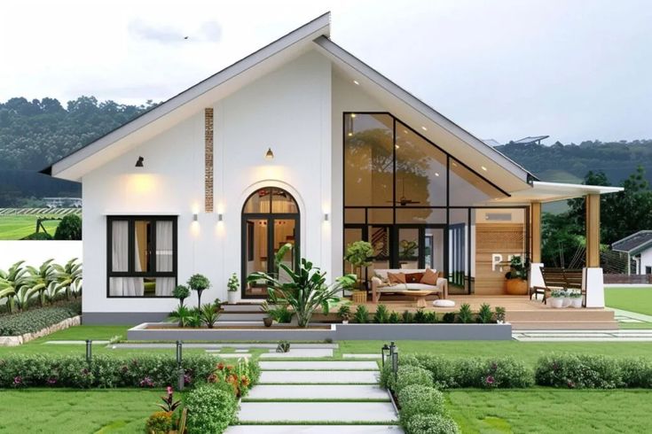 Nhà vườn mái chéo hiện đại với sân cỏ xanh và thiết kế mở