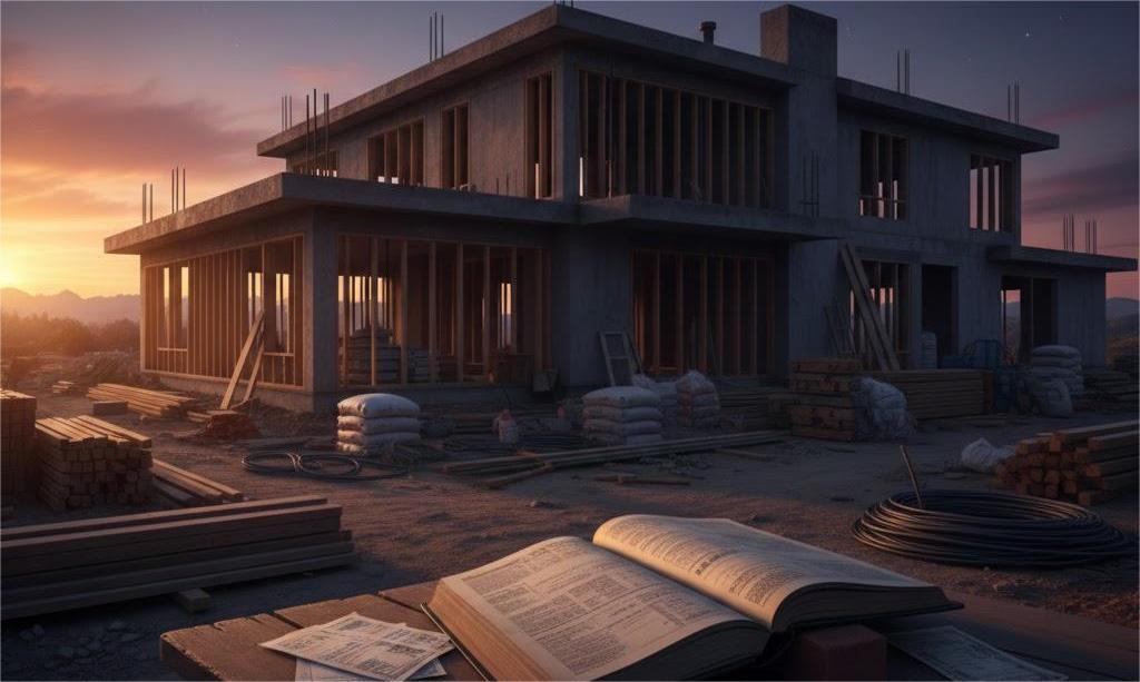 Khung nhà đang xây và hồ sơ thiết kế liên quan đến chi phí làm nhà