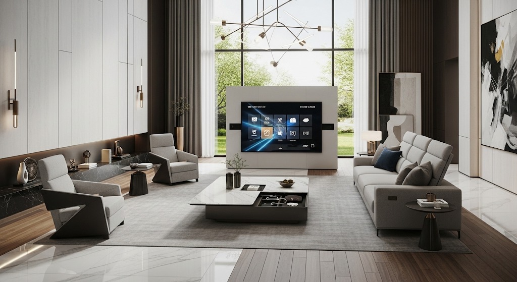 Nội thất phòng khách thông minh với sofa hiện đại và bàn trà đa năng