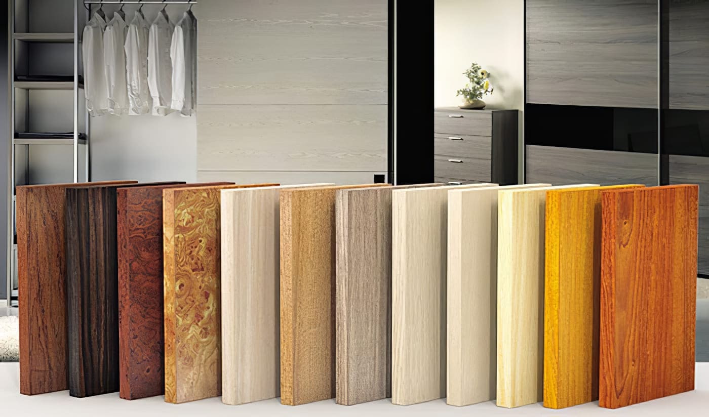 Hình ảnh các mẫu gỗ công nghiệp đặt trong không gian nội thất, nhấn mạnh kinh nghiệm chọn vật liệu phù hợp với khí hậu nhiệt đới ẩm như Việt Nam.