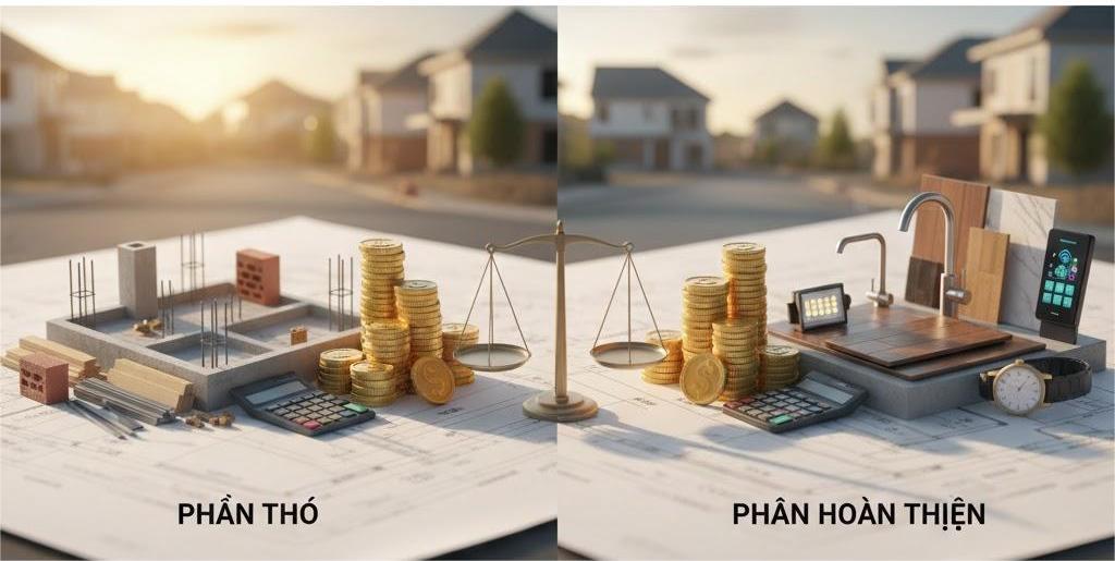 Dự toán xây nhà năm 2026 giữa phần thô và hoàn thiện