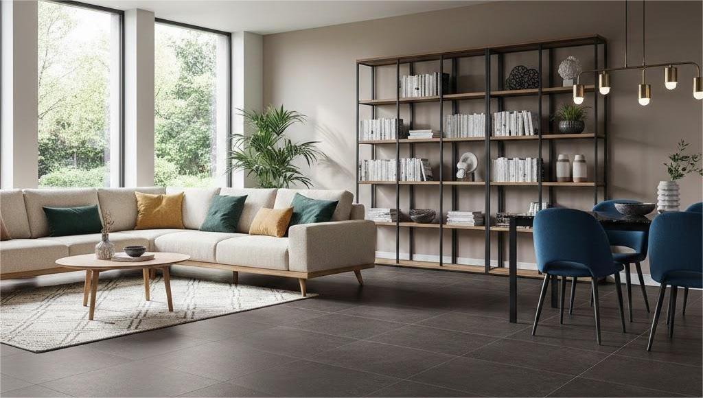 Gạch nhám tối màu tạo chiều sâu cho không gian nội thất hiện đại