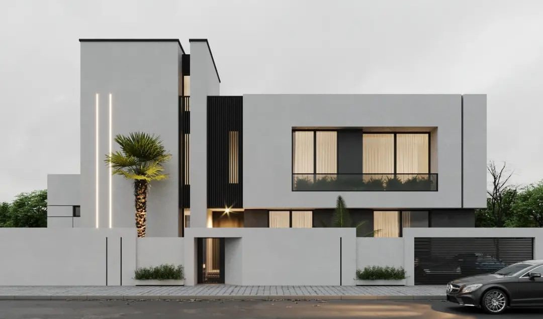 Biệt thự hiện đại hoàn thiện mặt tiền, phong cách tối giản, vuông vức 2 tầng