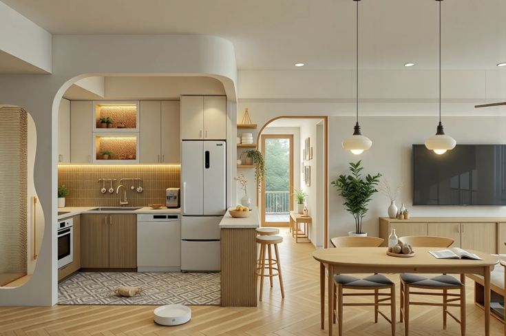 Hành Trình Xây Nhà Đầu Tiên: Câu Chuyện Thật Và Bài Học Đáng Giá Không gian bếp ăn hiện đại với nội thất gỗ sáng và ánh sáng ấm áp