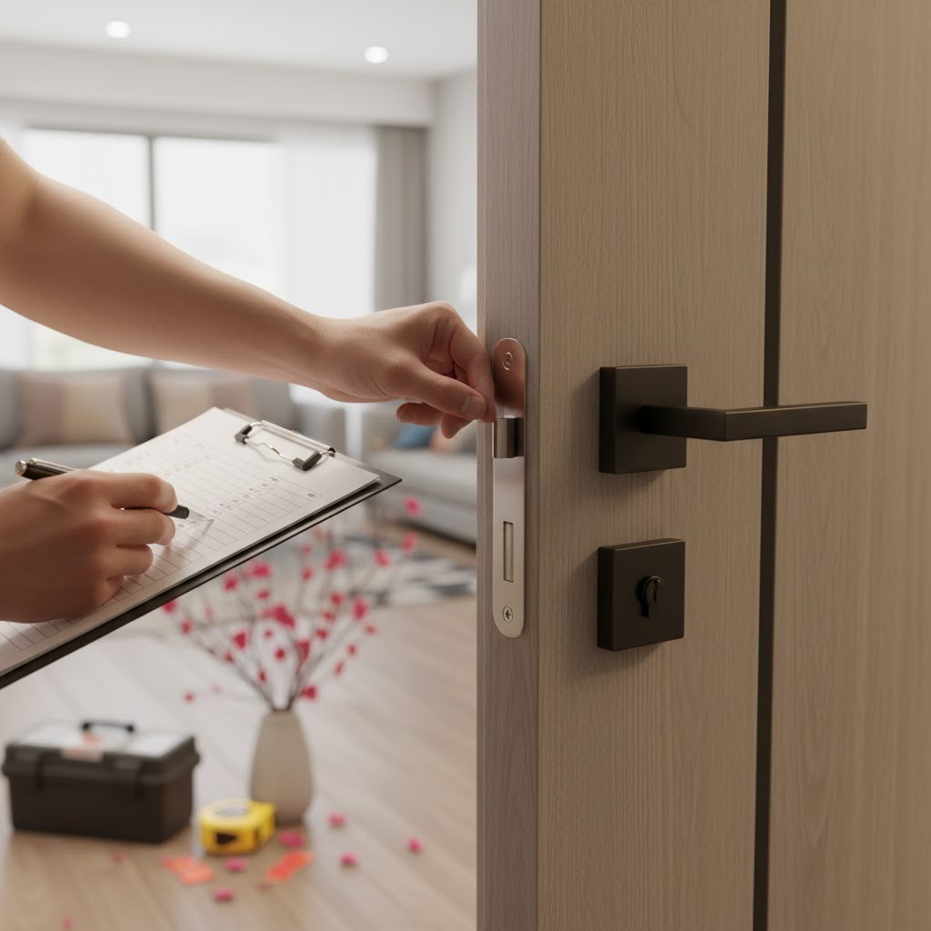 Kiểm tra khóa cửa để hoàn thiện nhà trước Tết an toàn cho gia chủ