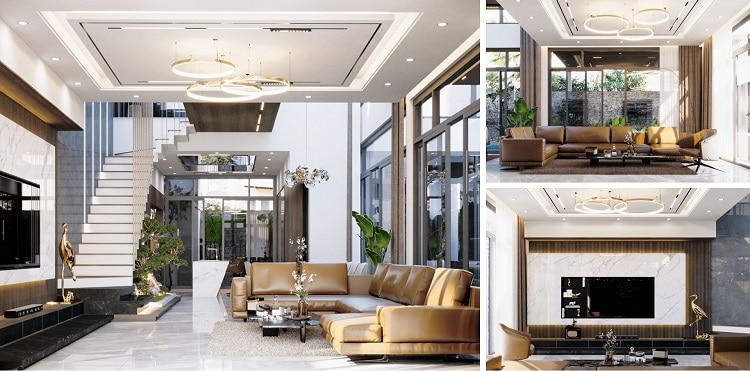 Phòng khách hiện đại sau hoàn thiện nội thất với sofa da cao cấp, trần thạch cao giật cấp và ánh sáng tự nhiên hài hòa.