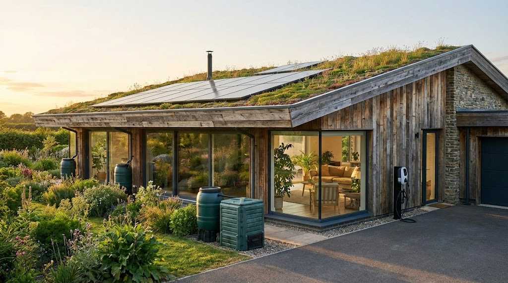 Không Gian Bền Vững: Giải Pháp Sống Xanh Cho Tổ Ấm Nhà mái xanh kết hợp năng lượng tái tạo tạo không gian bền vững