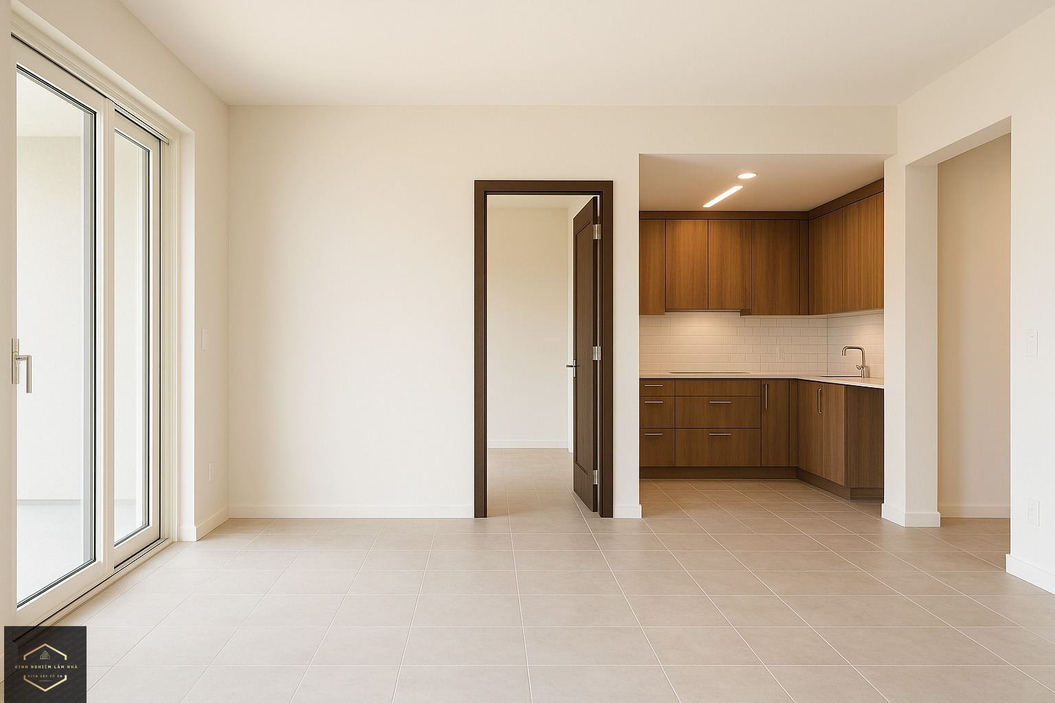 Bàn giao nhà hoàn thiện với phòng khách và bếp sáng sủa