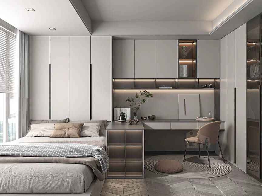 Phòng ngủ hiện đại tích hợp bàn làm việc gọn gàng và tủ âm tường thông minh