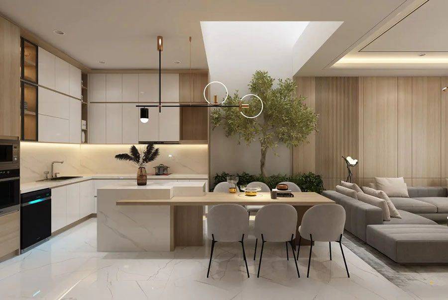 Phòng bếp và phòng khách liên thông trong không gian mở tràn ánh sáng