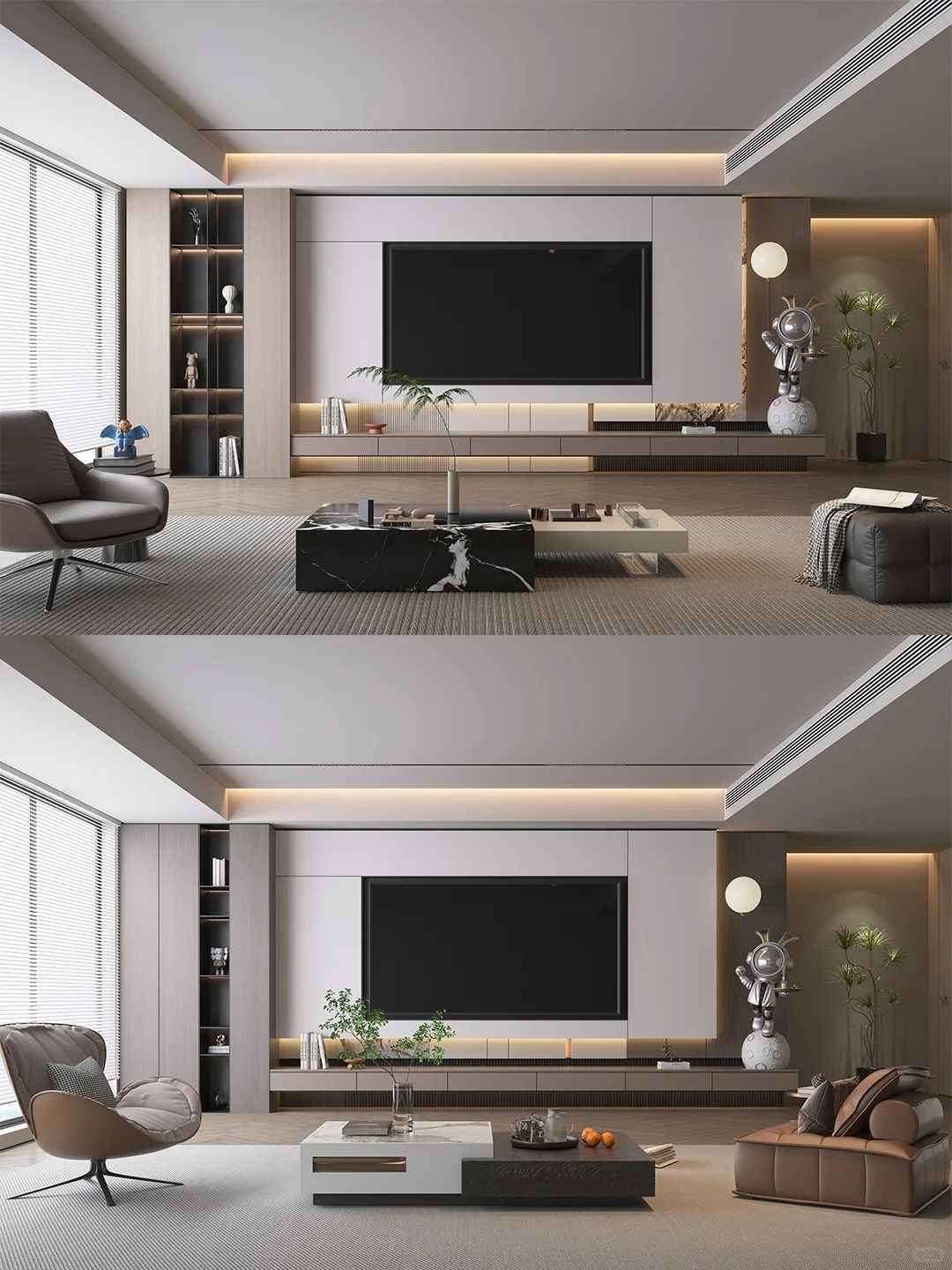 Phòng khách hiện đại với tông xám trung tính và nội thất cao cấp