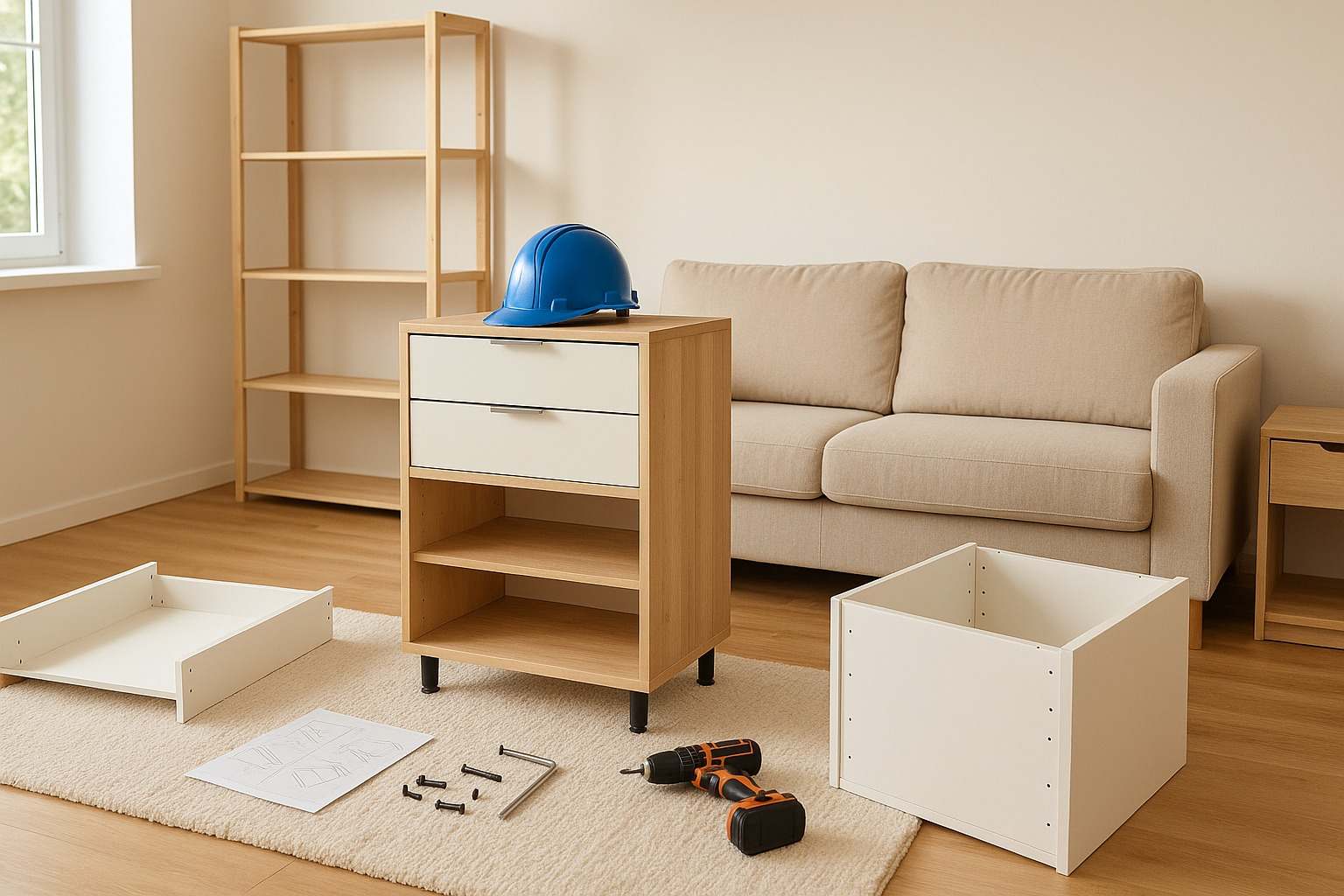 Quá trình lắp đặt tủ gỗ nhỏ trong phòng khách hiện đại