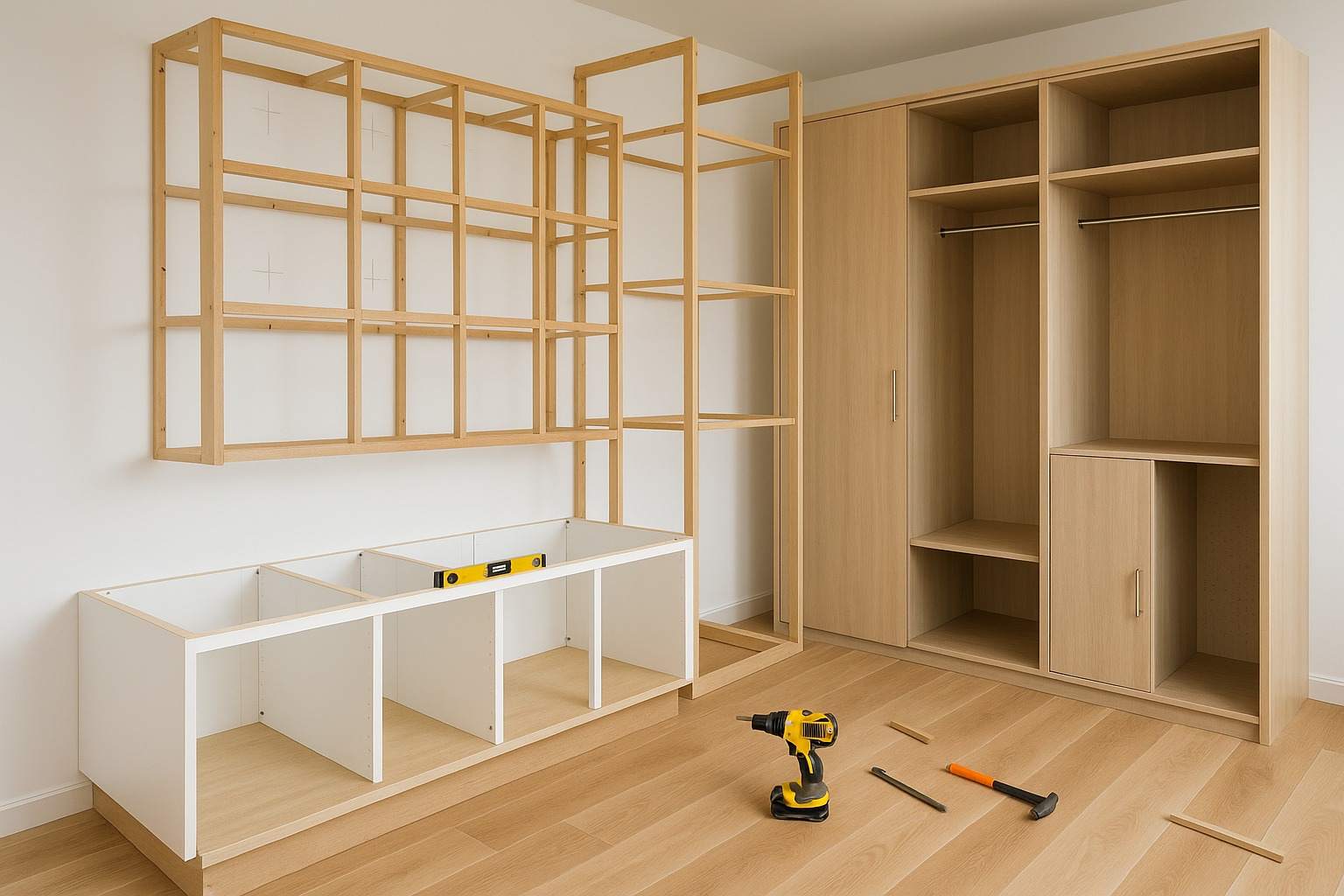 Lắp Đặt Nội Thất: Quy Trình Chuẩn Và Kinh Nghiệm Đáng Giá Khung gỗ và tủ quần áo đang trong giai đoạn lắp đặt
