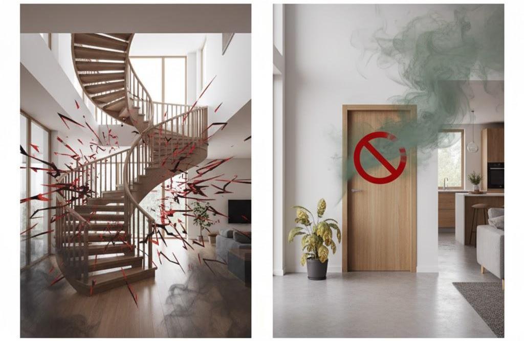 5 Lỗi Phong Thủy Thường Gặp, Dễ Phạm Khi Bố Trí Nội Thất Cầu thang và cửa nhà vệ sinh phạm lỗi phong thủy nghiêm trọng