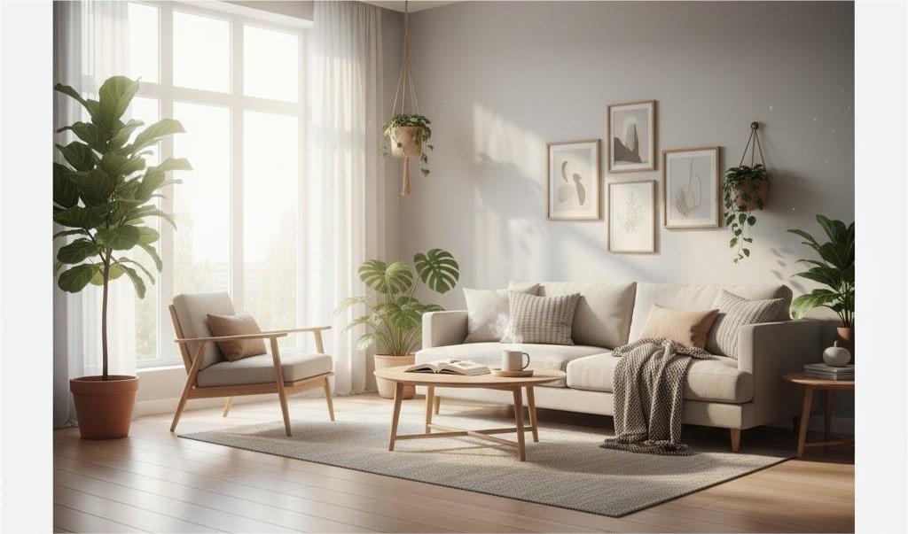 Phòng khách sáng tự nhiên với nội thất gỗ sáng màu và cây xanh.