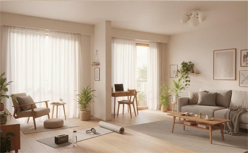 Căn hộ tối giản với ánh sáng tự nhiên và góc làm việc nhỏ.