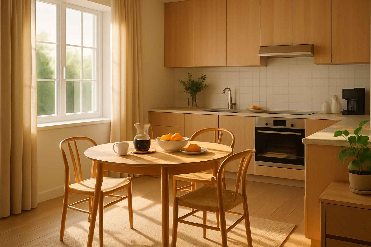 Bếp ăn sáng màu đón nắng sớm, bàn gỗ nhỏ tạo cảm giác ấm cúng.