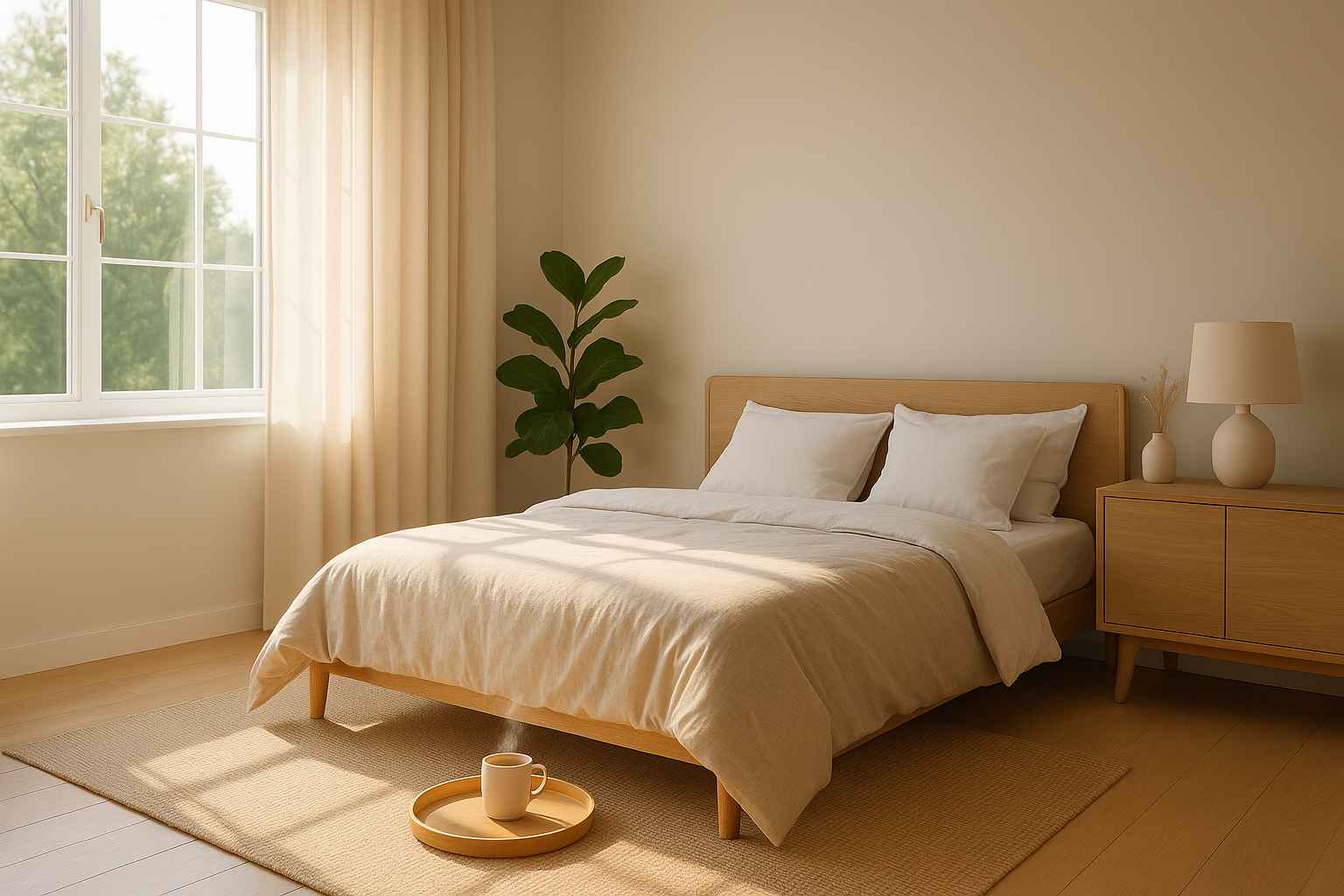 Phòng ngủ sáng ấm với giường gỗ và ánh nắng dịu buổi sáng.