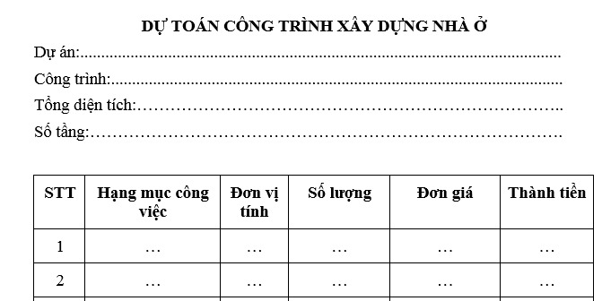 Mẫu Bảng Dự Toán Chi Tiết: Bí Quyết Kiểm Soát Từng Đồng Khi Xây Nhà Bảng dự toán xây dựng nhà ở gồm hạng mục – số lượng – đơn giá – thành tiền
