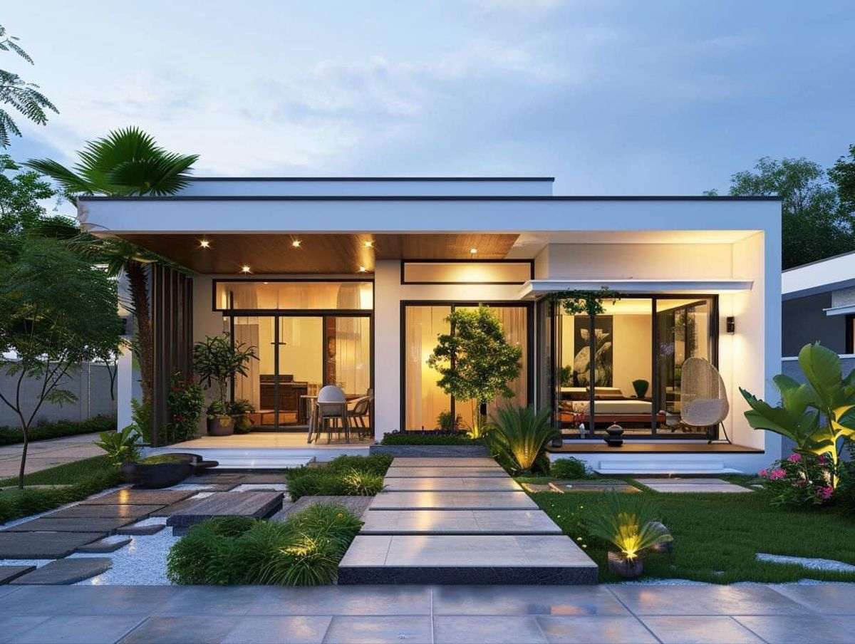 Mẫu nhà cấp 4 hiện đại có sân vườn xanh mát và lối đi lát đá