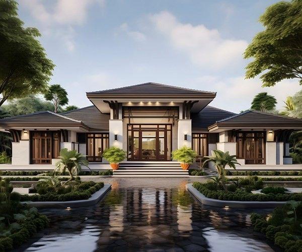 Mẫu nhà cấp 4 mái Nhật kiểu biệt thự sân vườn sang trọng, có hồ nước trước nhà