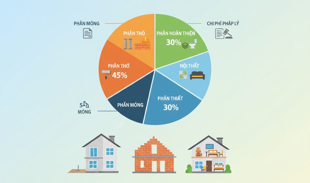 Tỷ lệ phân bổ chi phí xây nhà giữa phần móng, thô và hoàn thiện