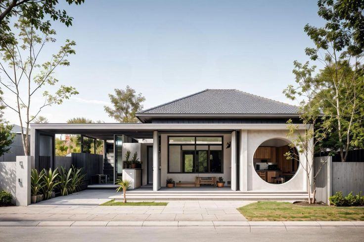 Nhà theo phong cách Nhật hiện đại với mái ngói tối màu và không gian mở