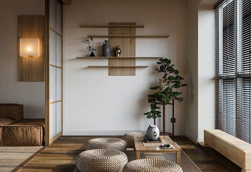 Khám Phá Nhà Theo Phong Cách Nhật Cùng Kinh Nghiệm Làm Nhà Phòng trà trong nhà kiểu Nhật với bàn thấp và bonsai trang trí