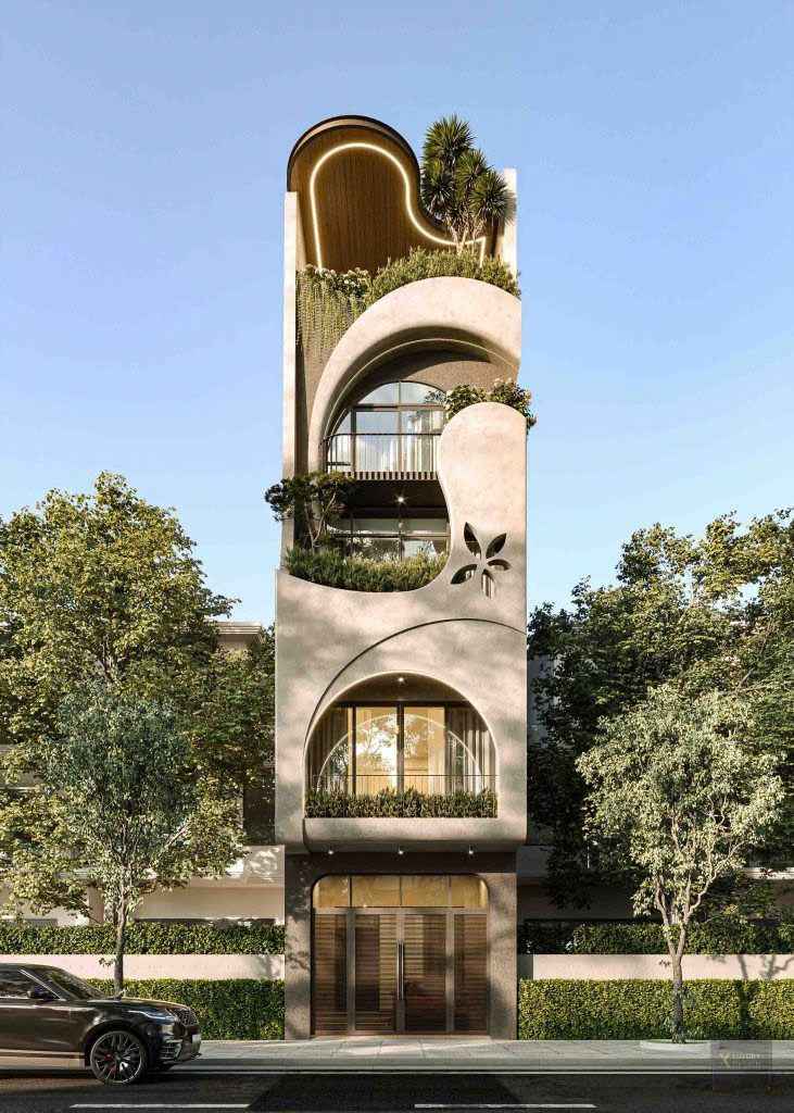 Nhà tối giản 4 tầng với mặt tiền độc đáo