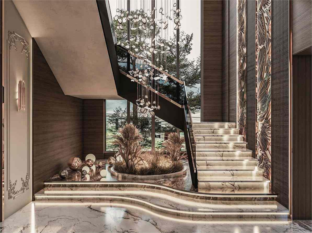 Cầu thang biệt thự ốp đá cẩm thạch sang trọng