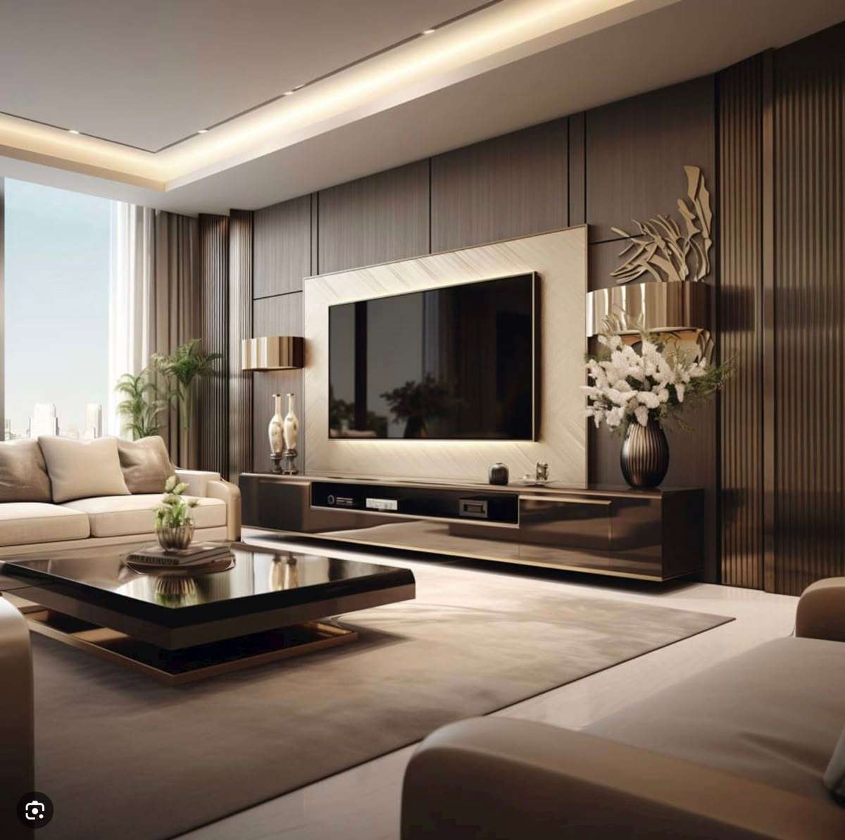 Nội thất biệt thự nâu đất phòng khách sang trọng hiện đại