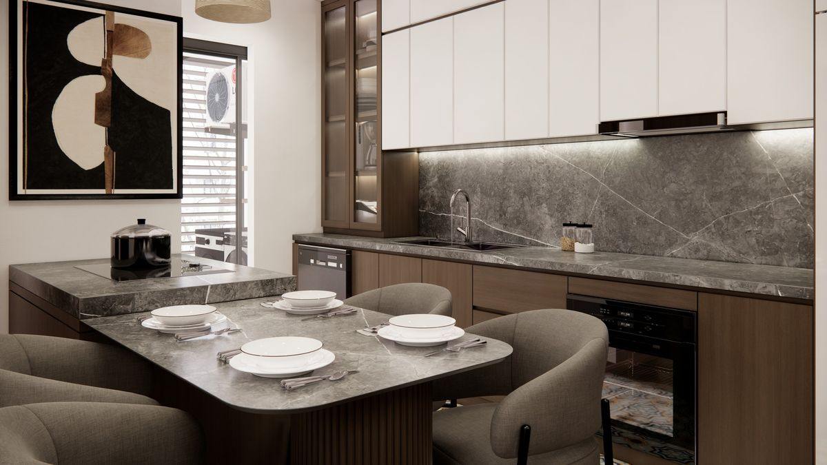 Phòng bếp biệt thự xám khói hiện đại với bàn ăn liền bếp tiện nghi