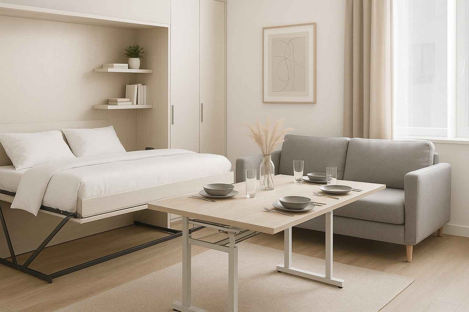 Nội thất đa năng giường gấp kết hợp bàn ăn gọn gàng