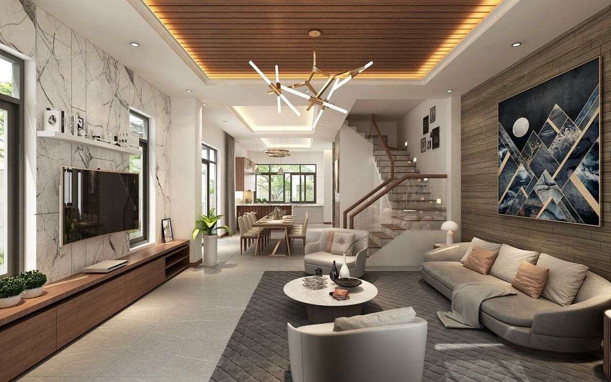 Nội Thất Phòng Khách Đẹp Cho Không Gian Sống Tinh Tế Thiết kế nội thất phòng khách đẹp với trần gỗ và tường ốp đá hiện đại