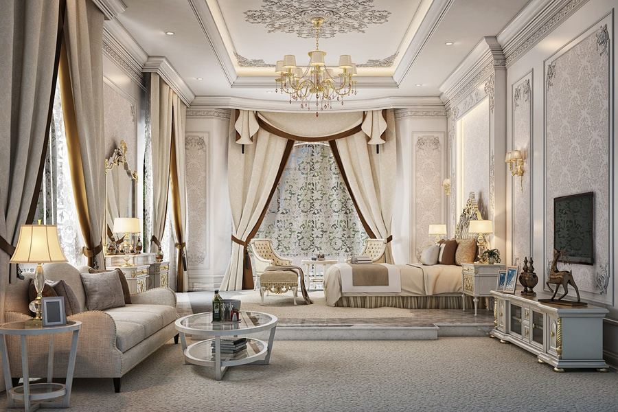 Mẫu Biệt Thự Hiện Đại Tinh Tế Mang Hơi Thở Biệt Thự Phong Cách Châu Âu Giường ngủ đặt sát cửa sổ, kết hợp bàn làm việc và tủ lưu trữ thông minh