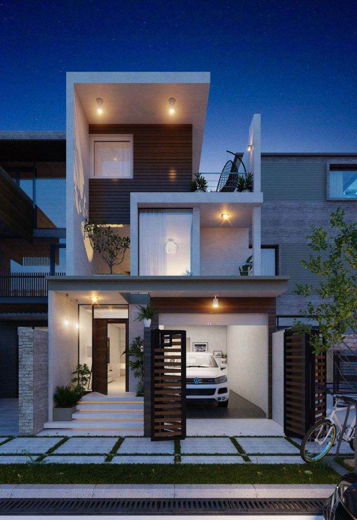 Mẫu thiết kế nhà phố tiện nghi hiện đại với gara ô tô, ban công thoáng rộng và ánh sáng hài hòa