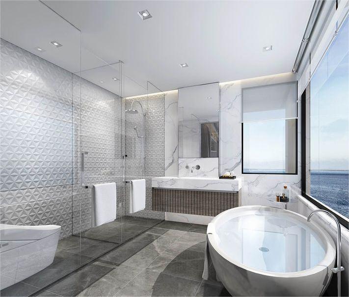 Thiết Kế Nhà Vệ Sinh Thông Minh Tối Ưu Công Năng Và Thẩm Mỹ Thiết kế nhà vệ sinh thông minh hiện đại với bồn tắm sang trọng và cửa kính lớn.
