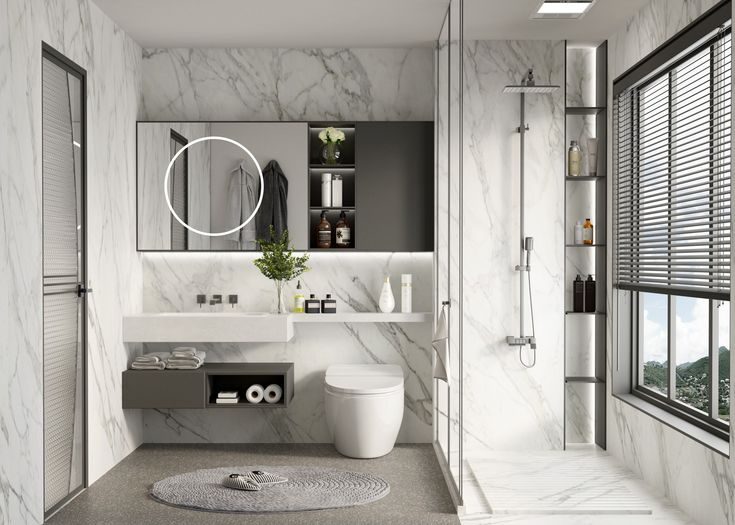 Nội thất nhà vệ sinh thông minh với gương đèn LED và buồng tắm kính