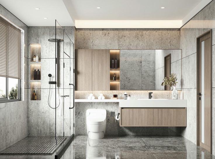 Thiết Kế Nhà Vệ Sinh Thông Minh Tối Ưu Công Năng Và Thẩm Mỹ Thiết kế nội thất nhà vệ sinh thông minh với tông màu xám hiện đại.