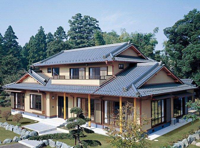 Thiết Kế Phong Cách Nhật Trong Mẫu Biệt Thự Hiện Đại Biệt thự truyền thống Nhật Bản mái ngói xanh, sân vườn và cây bonsai