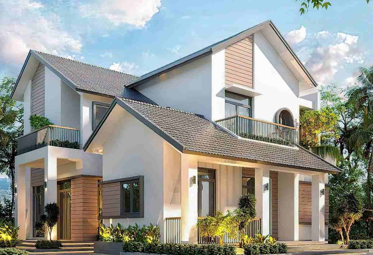 Thiết Kế Phong Cách Nhật Trong Mẫu Biệt Thự Hiện Đại Biệt thự hai tầng thiết kế phong cách Nhật, mái dốc và tường trắng tối giản