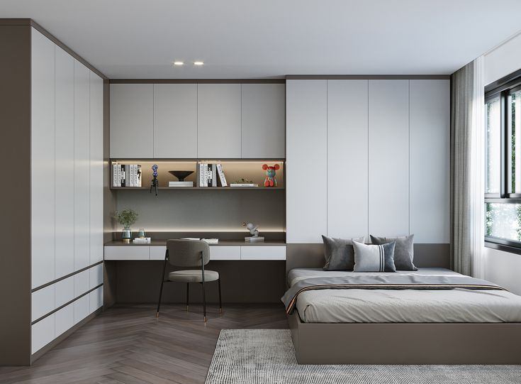 Nội thất phòng ngủ đơn giản và tinh tế với tông xám nhạt